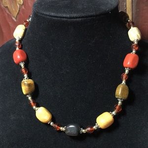 EVC Bohemian Jasper Stone 22”L Necklace Earthy Fall Colors Silver Tone Accents
